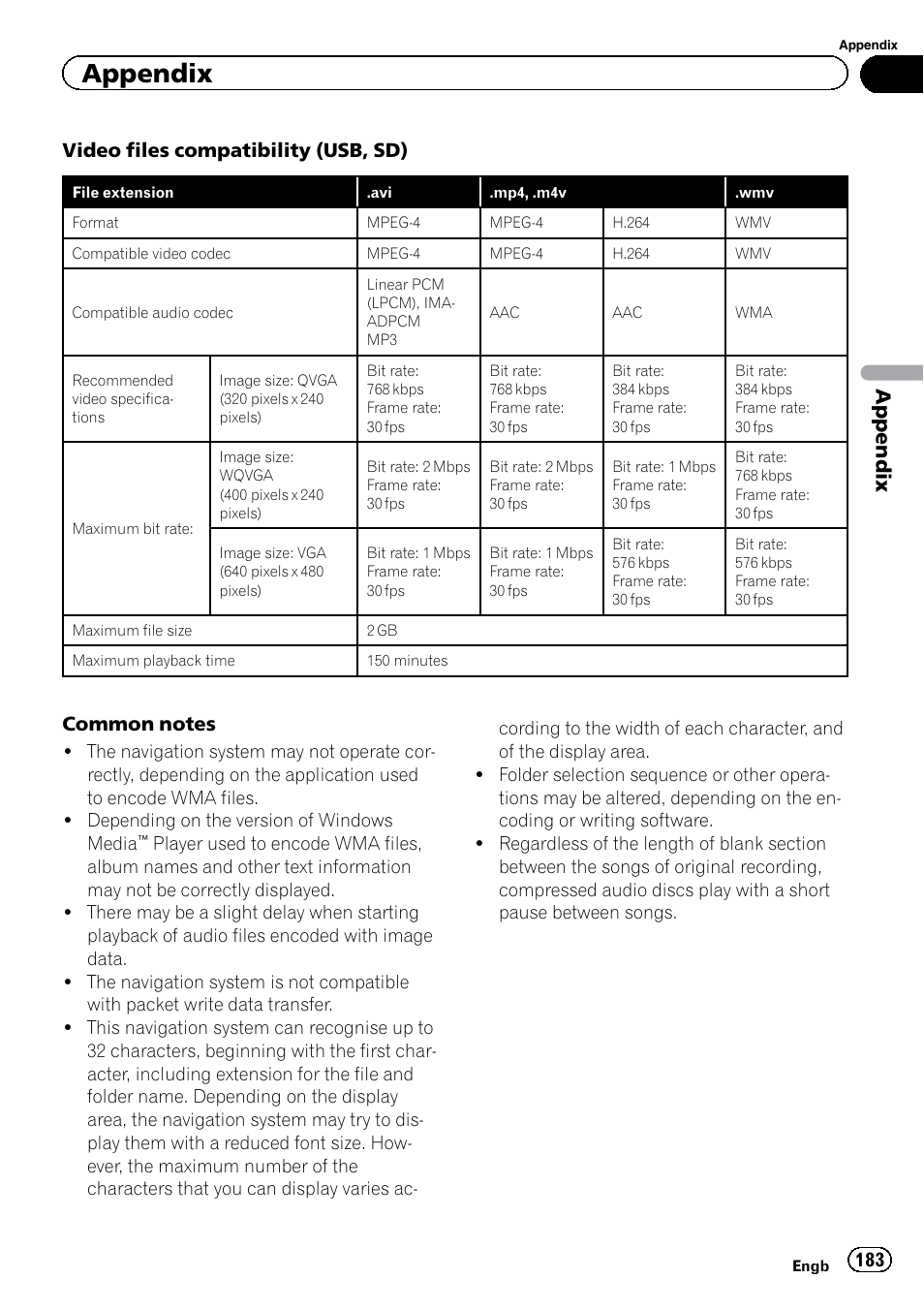 Appendix, Video files compatibility (usb, sd) | Pioneer AVIC-F920BT User Manual | Page 183 / 200
