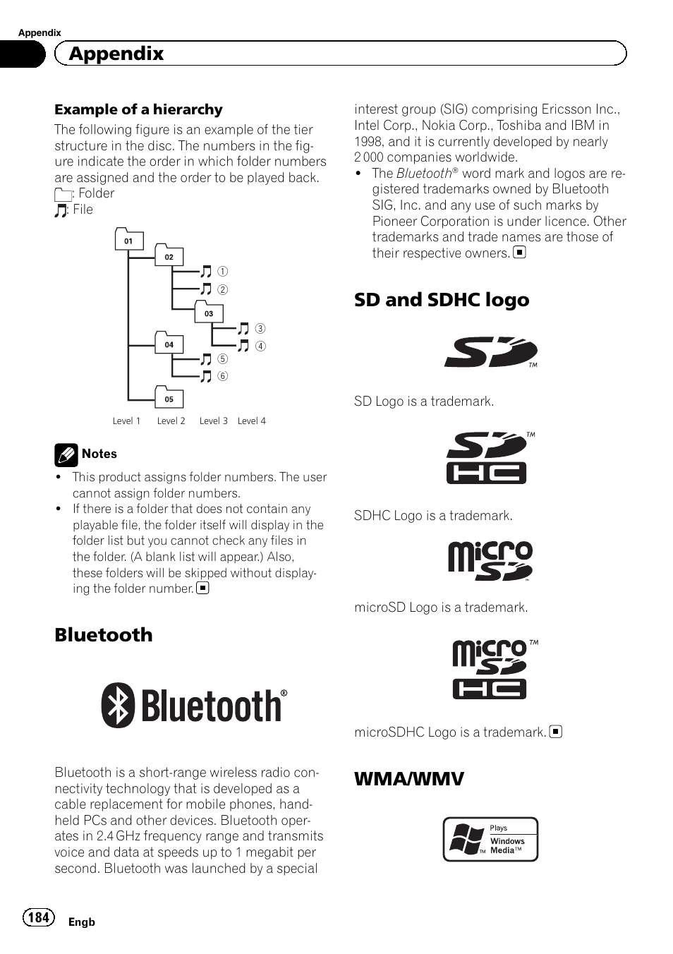 Bluetooth, Sd and sdhc logo, Wma/wmv | Appendix | Pioneer AVIC-F920BT User Manual | Page 184 / 200