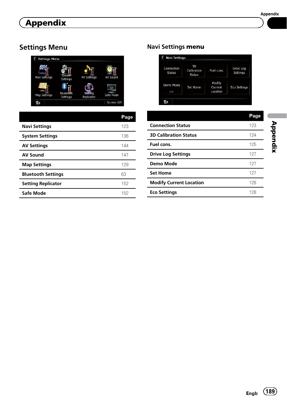 Settings menu 189, Settings menu, Appendix | Navi settings menu | Pioneer AVIC-F920BT User Manual | Page 189 / 200