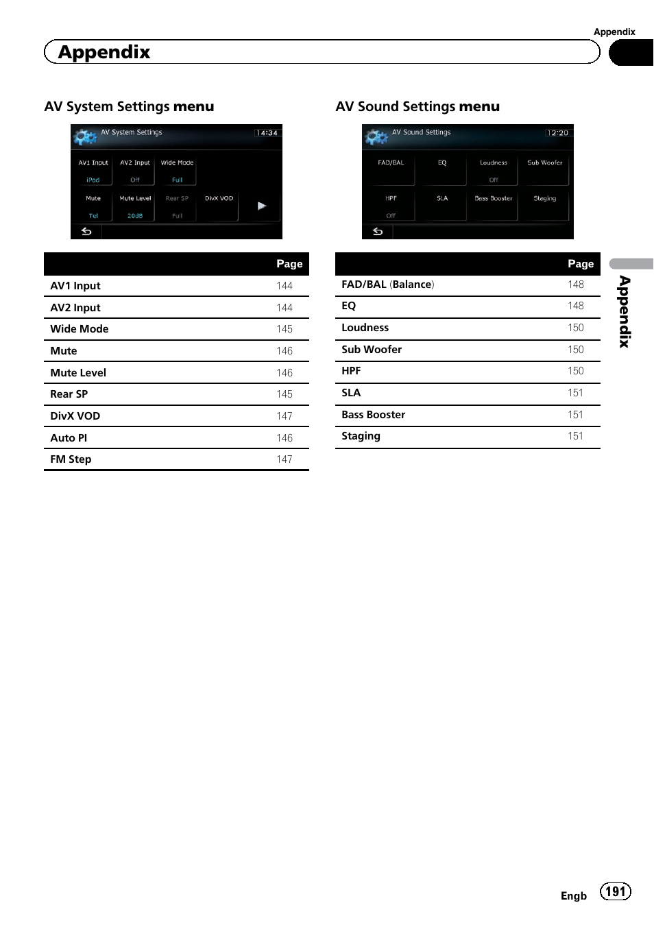 Appendix, Av system settings menu, Av sound settings menu | Pioneer AVIC-F920BT User Manual | Page 191 / 200