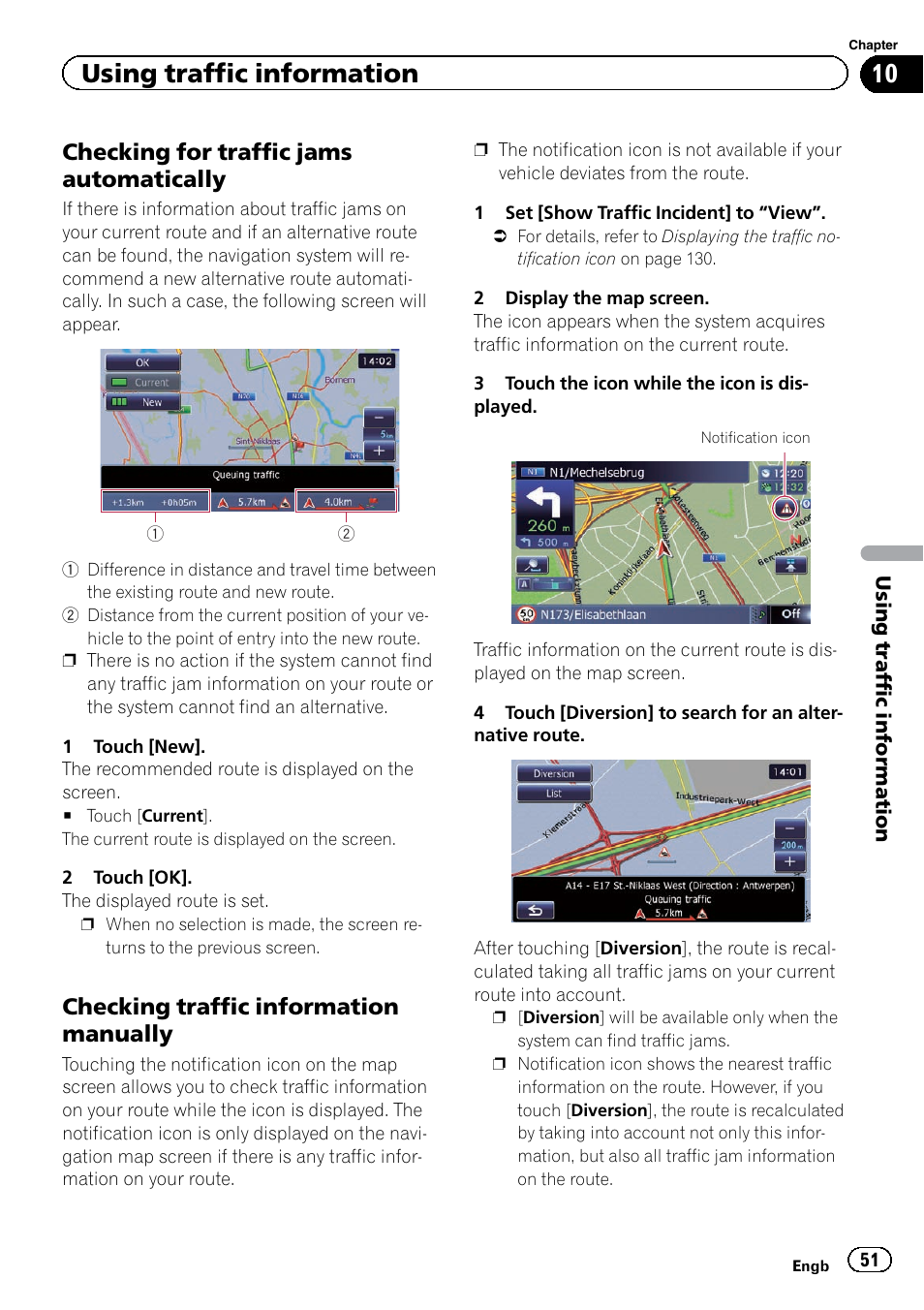 Checking for traffic jams, Automatically, Checking traffic information | Manually, Using traffic information, Checking for traffic jams automatically, Checking traffic information manually | Pioneer AVIC-F920BT User Manual | Page 51 / 200