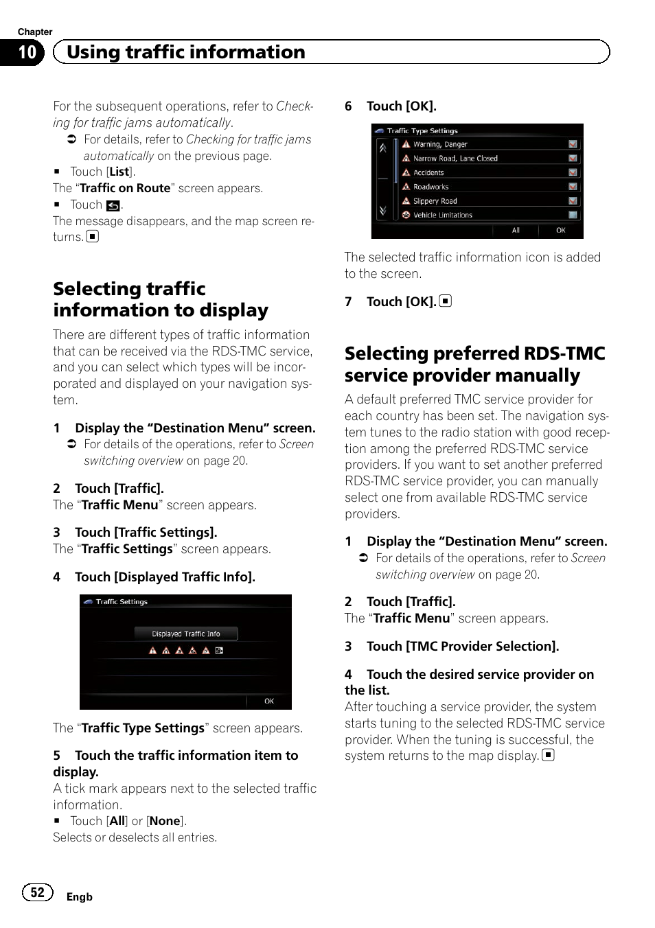 Selecting traffic information to display, Selecting preferred rds-tmc service, Provider manually | Selecting traffic infor, 10 using traffic information | Pioneer AVIC-F920BT User Manual | Page 52 / 200