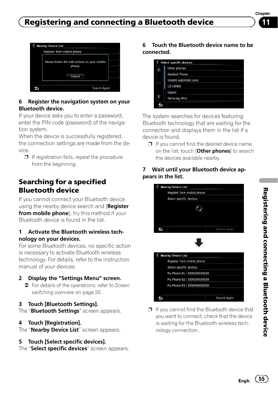 Searching for a specified bluetooth, Device, Registering and connecting a bluetooth device | Searching for a specified bluetooth device | Pioneer AVIC-F920BT User Manual | Page 55 / 200