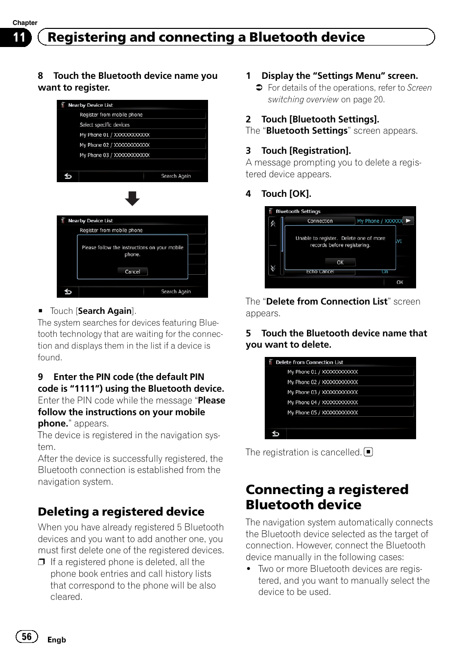 Deleting a registered device 56, Connecting a registered bluetooth, Device | Deleting a registered, Connecting a registered bluetooth device, 11 registering and connecting a bluetooth device, Deleting a registered device | Pioneer AVIC-F920BT User Manual | Page 56 / 200