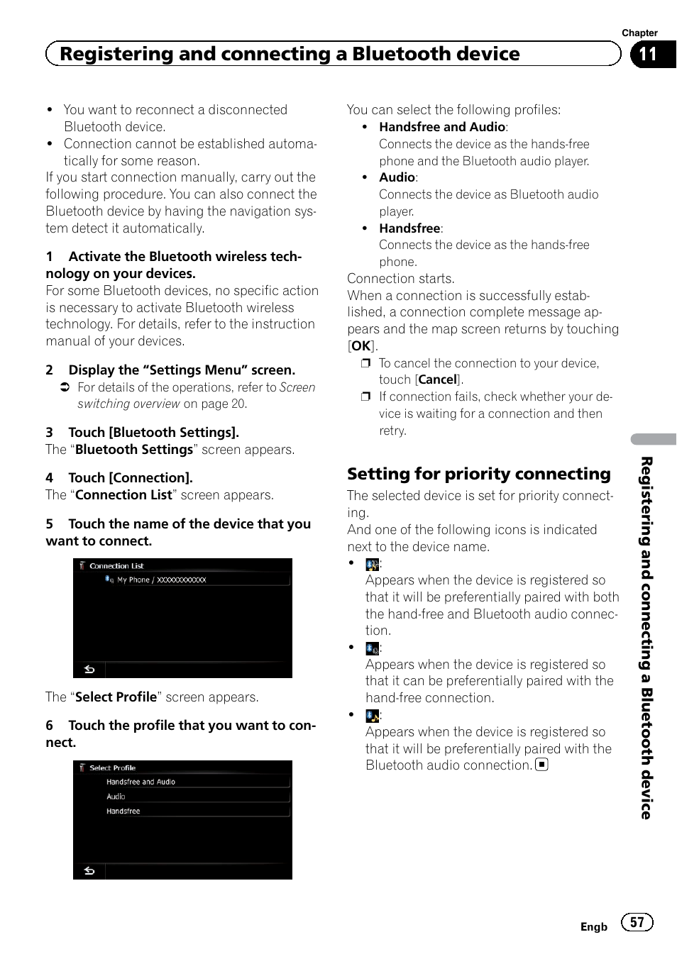 Setting for priority connecting 57, Registering and connecting a bluetooth device, Setting for priority connecting | Pioneer AVIC-F920BT User Manual | Page 57 / 200