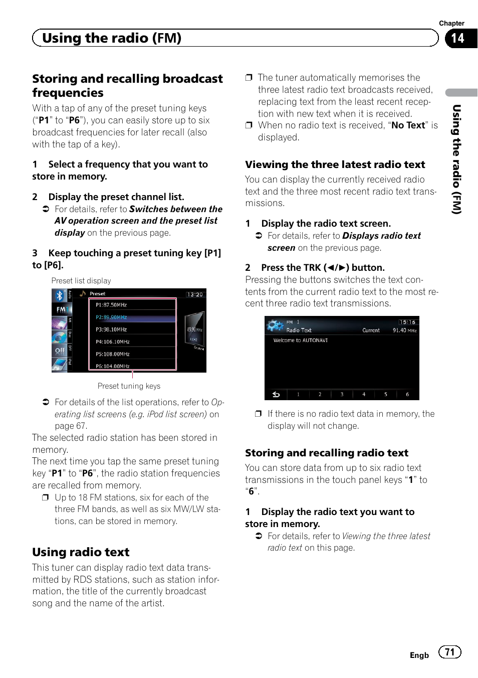 Storing and recalling broadcast, Frequencies, Using radio text 71 | Using the radio (fm), Storing and recalling broadcast frequencies, Using radio text | Pioneer AVIC-F920BT User Manual | Page 71 / 200