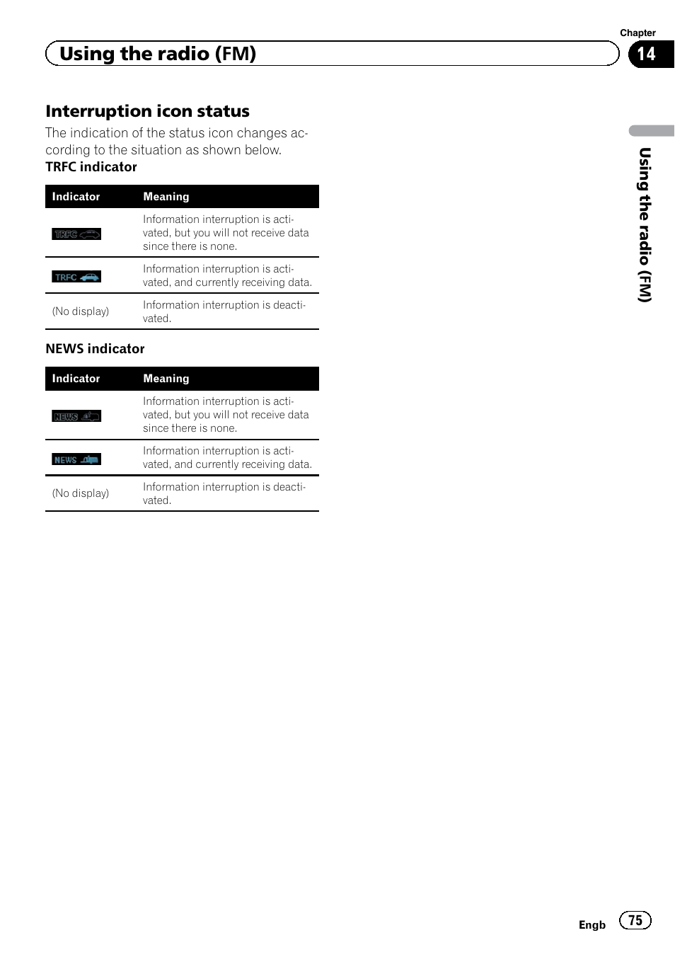 Interruption icon status 75, Using the radio (fm), Interruption icon status | Pioneer AVIC-F920BT User Manual | Page 75 / 200