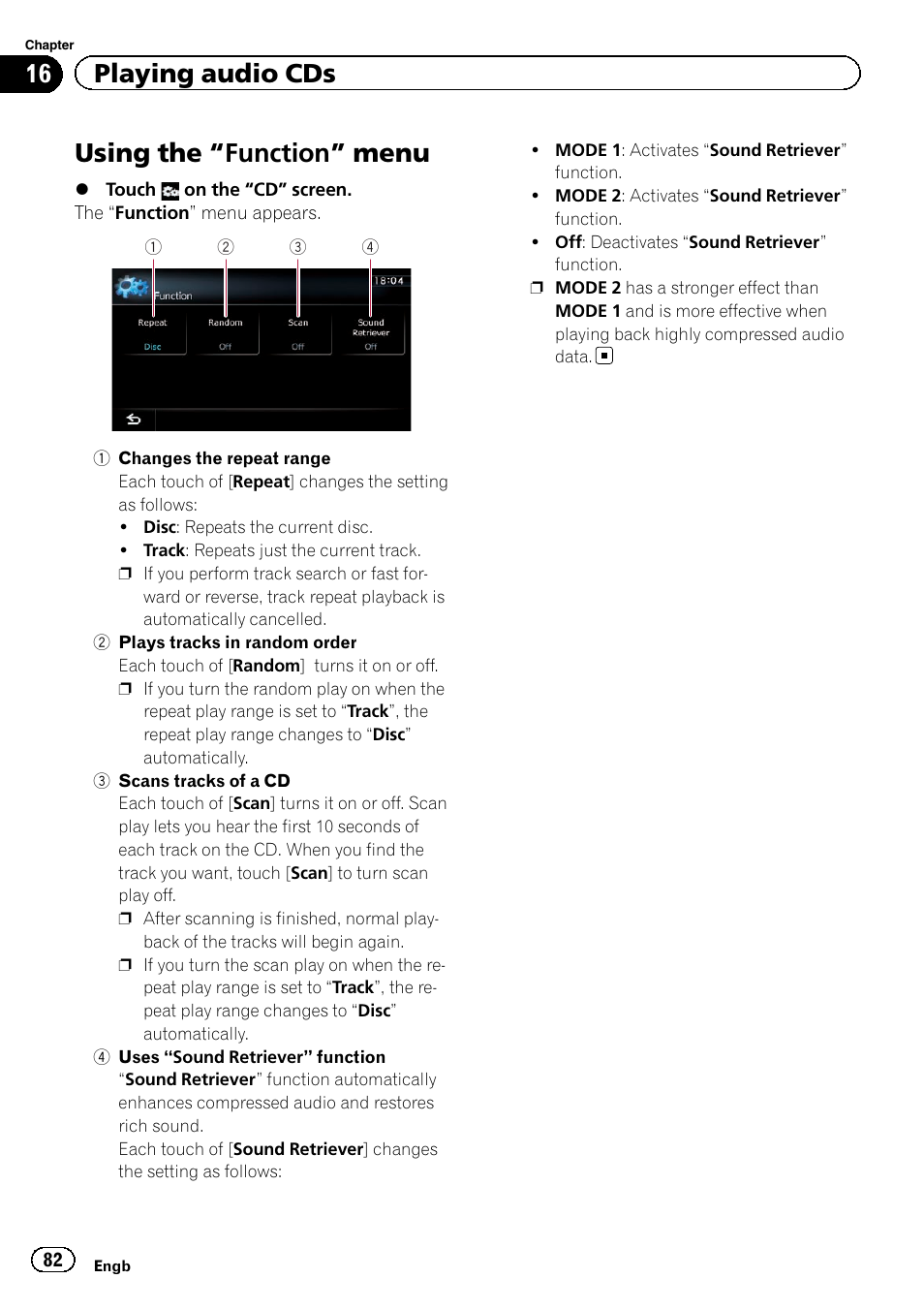 Using the, Function” menu 82, Changes the repeat | Using the “function” menu, 16 playing audio cds | Pioneer AVIC-F920BT User Manual | Page 82 / 200