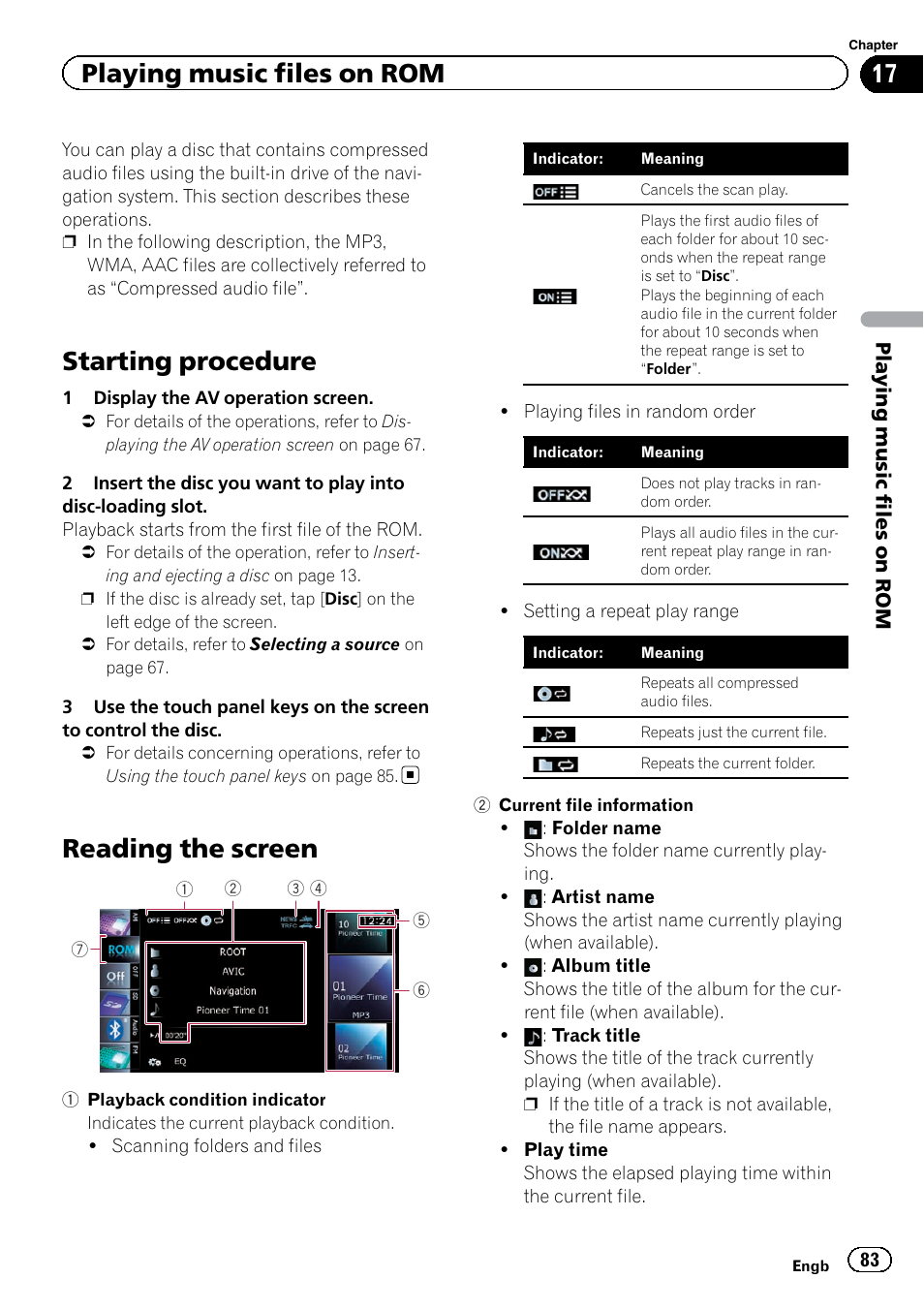 Playing music files on rom starting procedure, Reading the screen, Starting procedure | Playing music files on rom | Pioneer AVIC-F920BT User Manual | Page 83 / 200