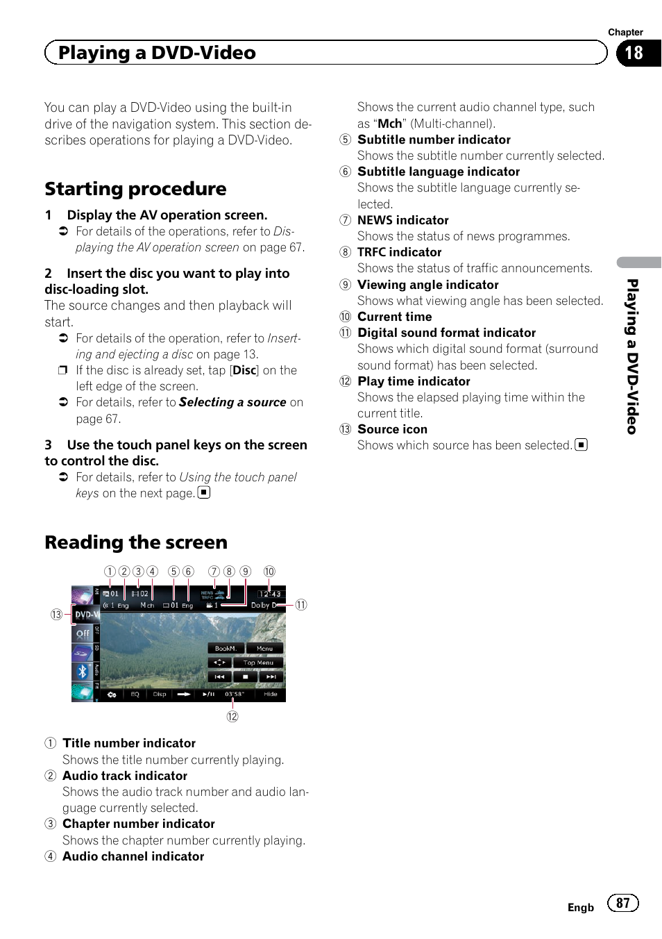 Playing a dvd-video starting procedure, Reading the screen, Starting procedure | Playing a dvd-video | Pioneer AVIC-F920BT User Manual | Page 87 / 200