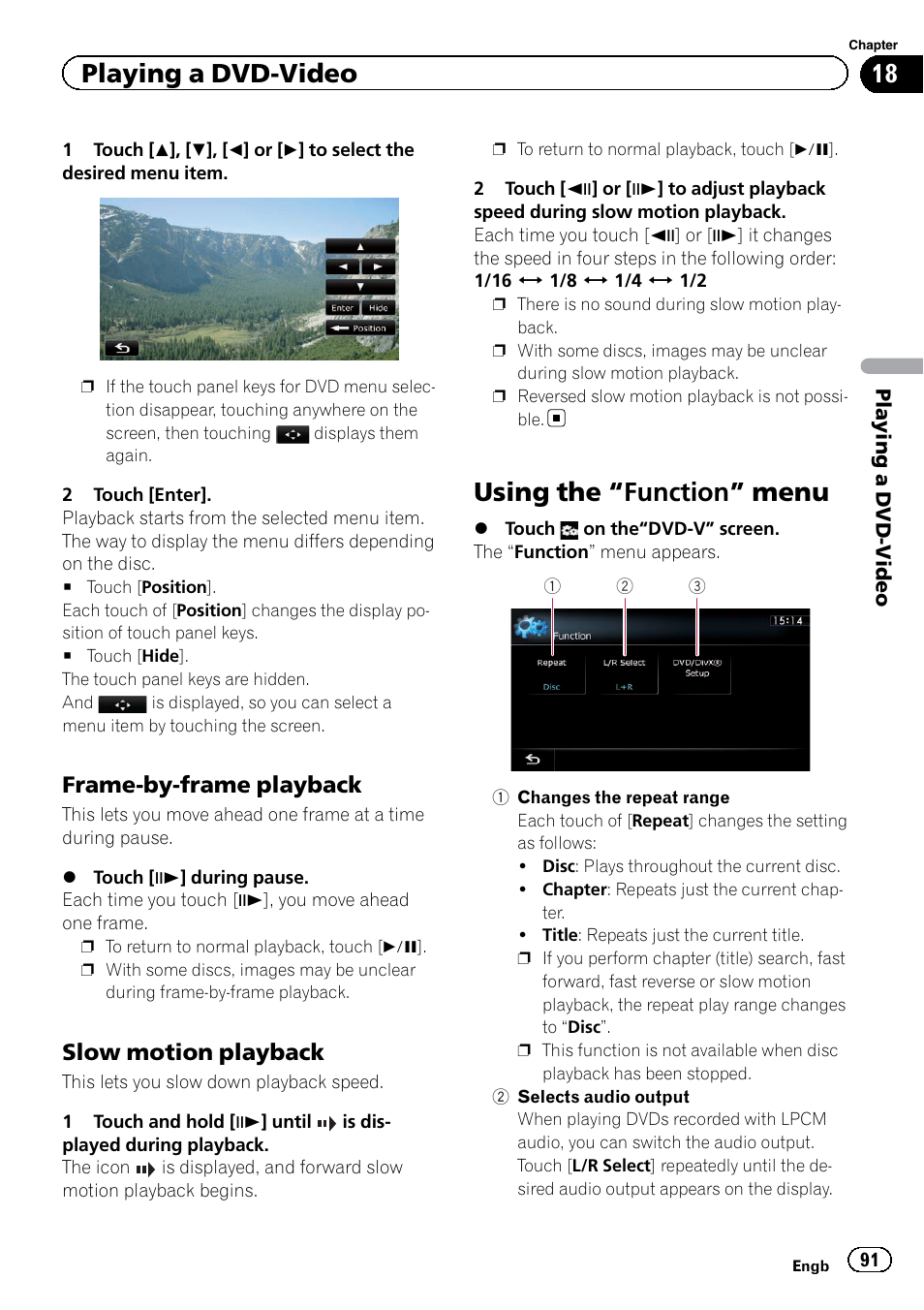 Frame-by-frame playback 91, Slow motion playback 91, Using the | Function” menu 91, Frame-by-frame play, Slow motion playback, Using the “function” menu, Playing a dvd-video, Frame-by-frame playback | Pioneer AVIC-F920BT User Manual | Page 91 / 200