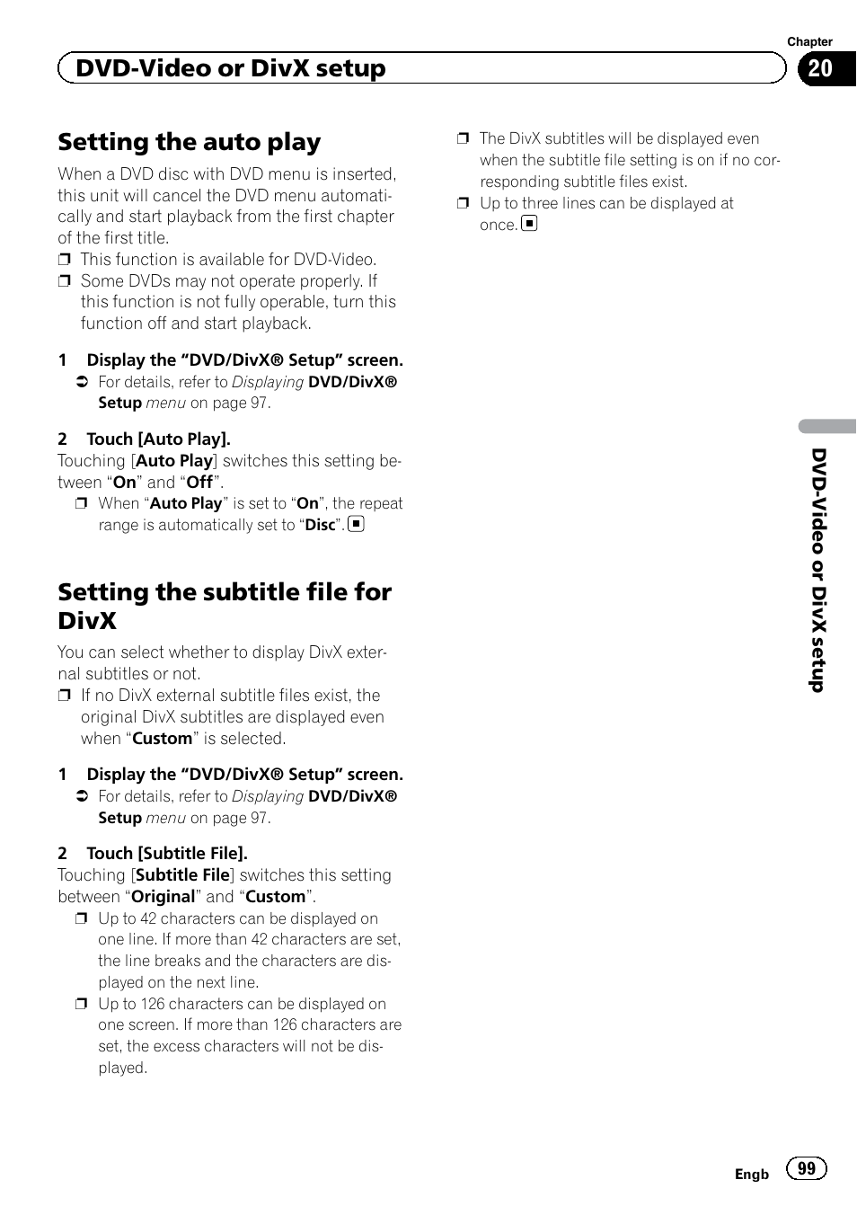 Setting the auto play, Setting the subtitle file for divx, Dvd-video or divx setup | Pioneer AVIC-F920BT User Manual | Page 99 / 200