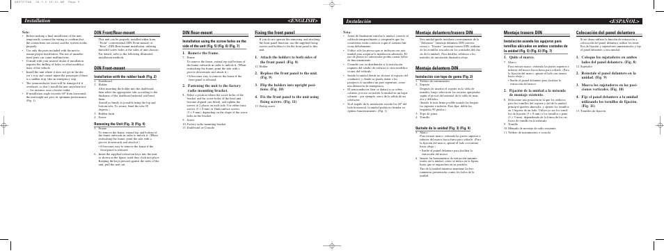 Instalación <español, Installation <english, Montaje delantero/trasero din | Montaje delantero din, Montaje trasero din, Colocación del panel delantero, Din rear-mount, Fixing the front panel, Din front/rear-mount, Din front-mount | Pioneer DEH-P7700MP User Manual | Page 2 / 8