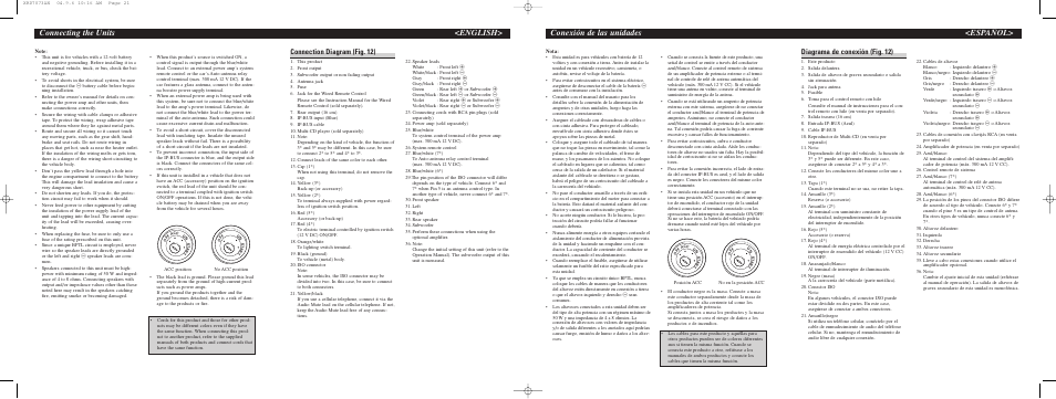 Connecting the units <english, Conexión de las unidades <español, Connection diagram (fig. 12) | Diagrama de conexión (fig. 12) | Pioneer DEH-P7700MP User Manual | Page 6 / 8