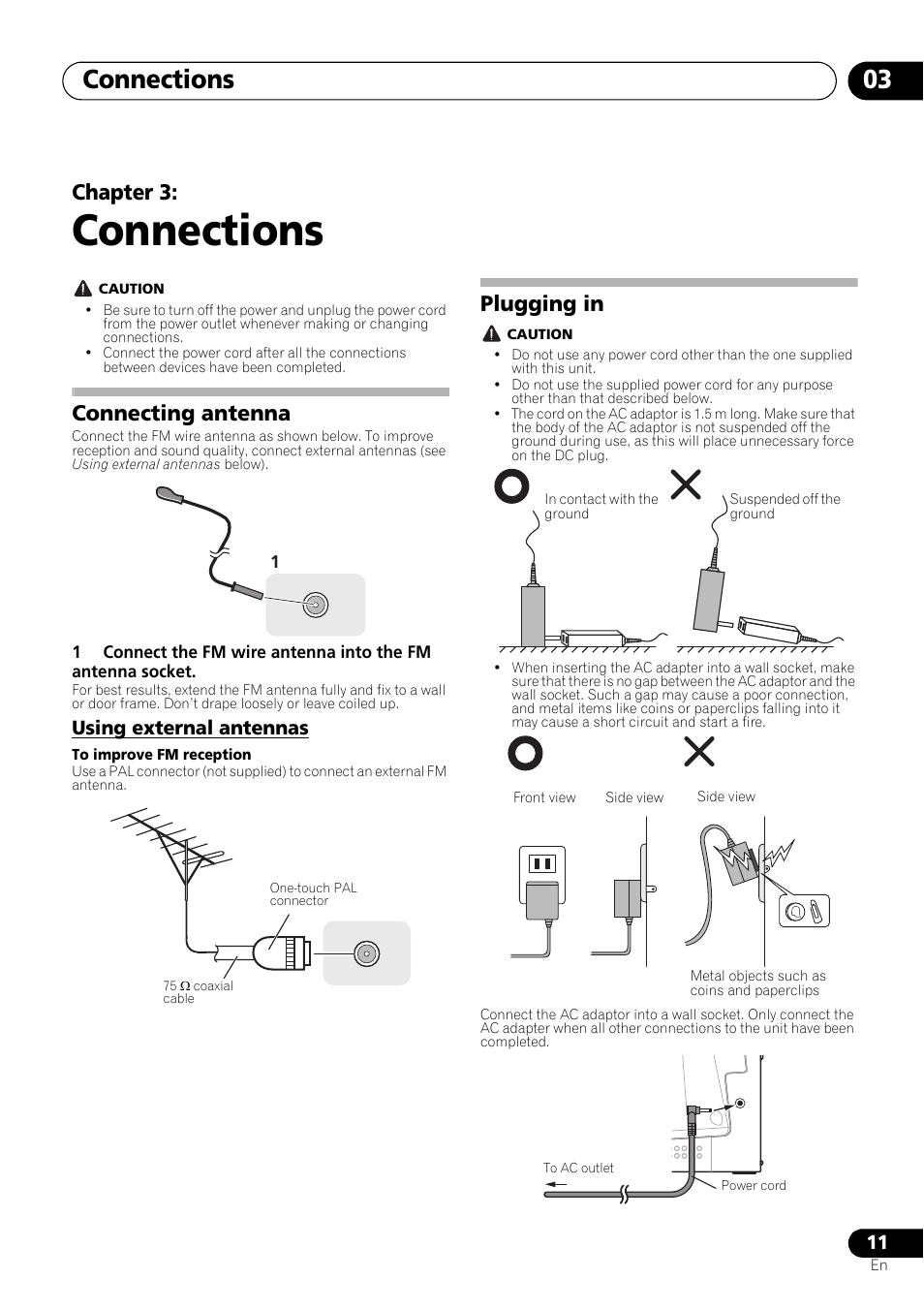 03 connections, Connecting antenna, Using external antennas | Plugging in, Connections, Connections 03, Chapter 3 | Pioneer X-SMC01BT-S User Manual | Page 11 / 39