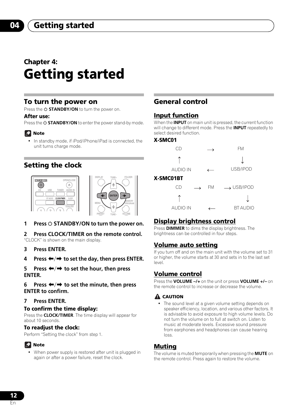 04 getting started, To turn the power on, Setting the clock | General control, Input function, Display brightness control, Volume auto setting, Volume control, Muting, Getting started | Pioneer X-SMC01BT-S User Manual | Page 12 / 39