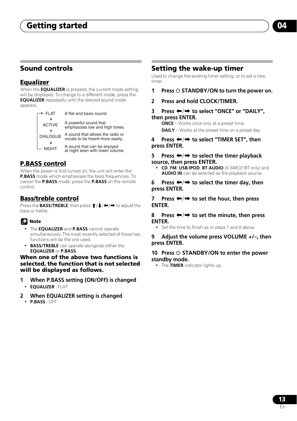 Sound controls, Equalizer, P.bass control | Bass/treble control, Setting the wake-up timer, Getting started 04 | Pioneer X-SMC01BT-S User Manual | Page 13 / 39