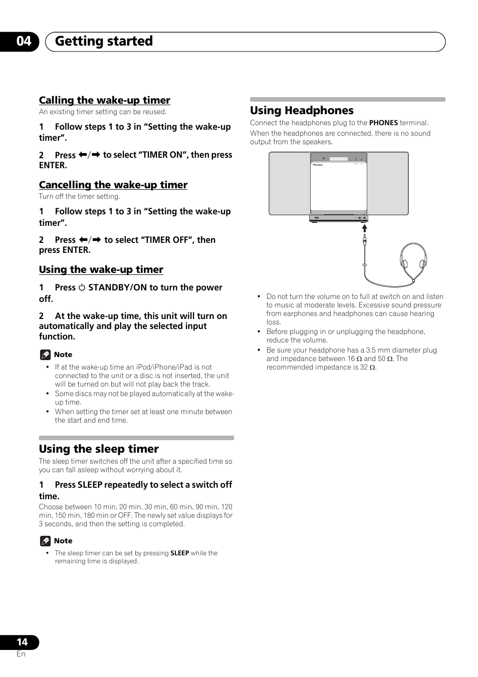 Calling the wake-up timer, Cancelling the wake-up timer, Using the wake-up timer | Using the sleep timer, Using headphones, Getting started 04 | Pioneer X-SMC01BT-S User Manual | Page 14 / 39