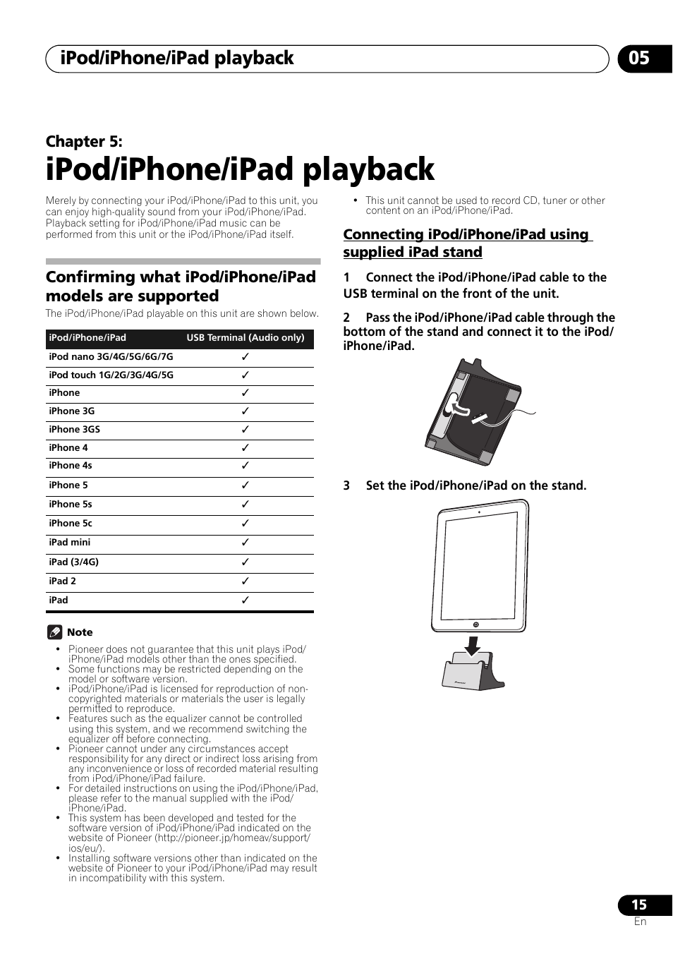 05 ipod/iphone/ipad playback, Confirming what ipod/iphone/ipad models are, Supported | Connecting ipod/iphone/ipad using supplied ipad, Stand, Ipod/iphone/ipad playback, Ipod/iphone/ipad playback 05, Chapter 5 | Pioneer X-SMC01BT-S User Manual | Page 15 / 39