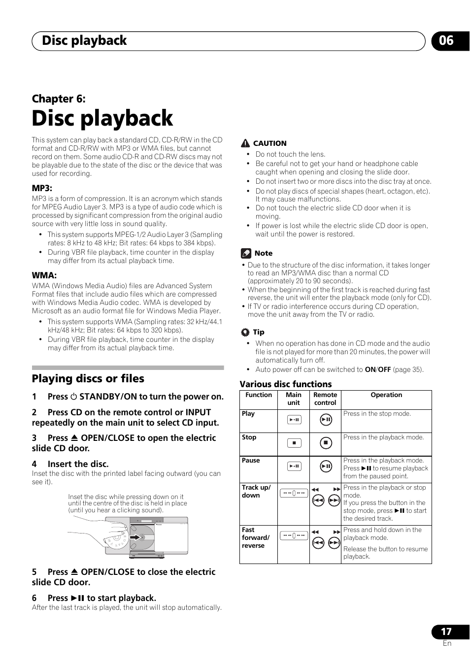 06 disc playback, Playing discs or files, Disc playback | Disc playback 06, Chapter 6, Various disc functions | Pioneer X-SMC01BT-S User Manual | Page 17 / 39
