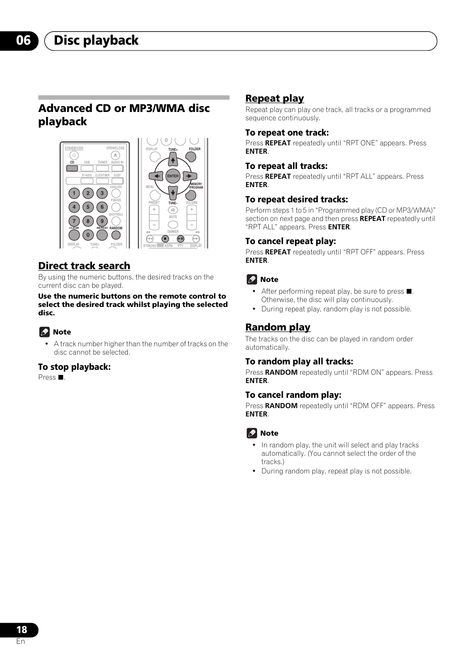 Advanced cd or mp3/wma disc playback, Direct track search, Repeat play | Random play, Disc playback 06 | Pioneer X-SMC01BT-S User Manual | Page 18 / 39