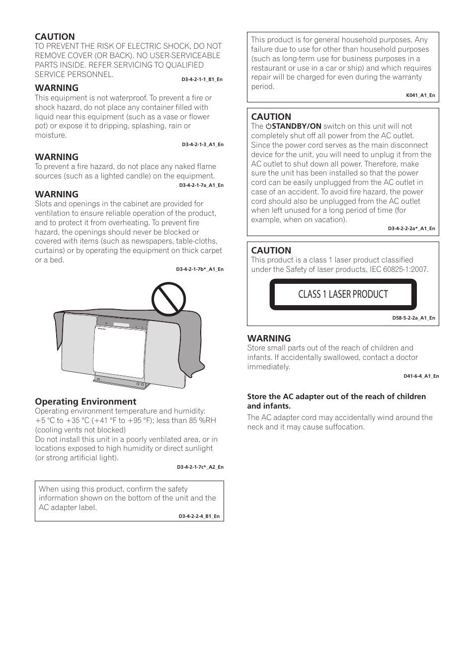 Class 1 laser product, Caution, Warning | Operating environment | Pioneer X-SMC01BT-S User Manual | Page 2 / 39