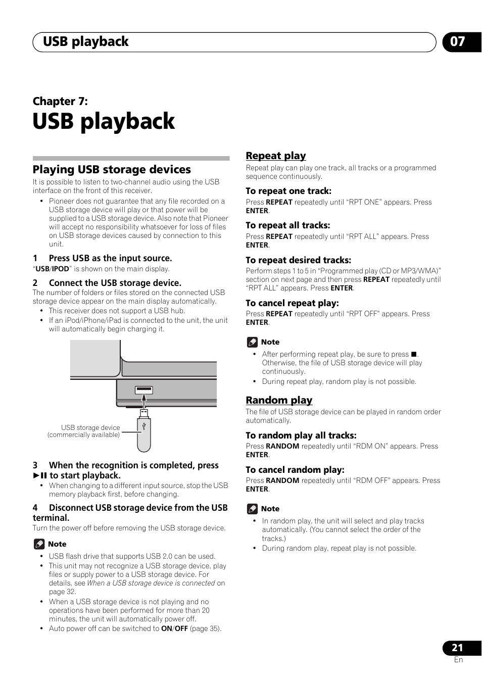 07 usb playback, Playing usb storage devices, Repeat play | Random play, Usb playback, Usb playback 07, Chapter 7 | Pioneer X-SMC01BT-S User Manual | Page 21 / 39