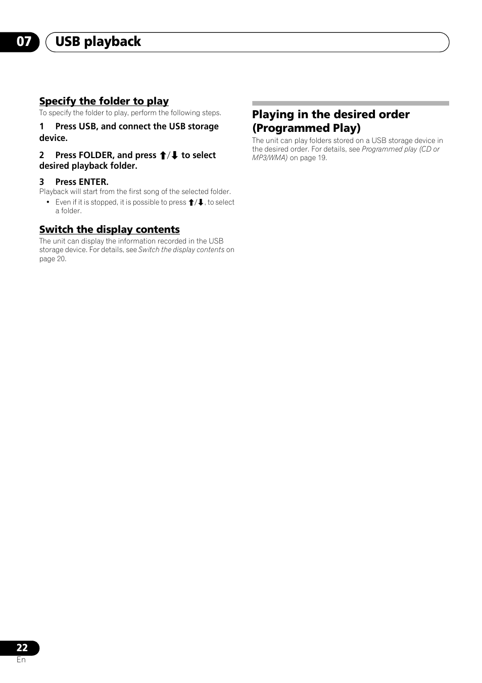 Specify the folder to play, Switch the display contents, Playing in the desired order (programmed play) | Usb playback 07 | Pioneer X-SMC01BT-S User Manual | Page 22 / 39