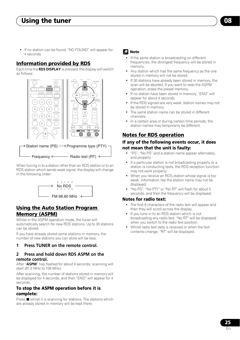 Information provided by rds, Using the auto station program memory (aspm), Notes for rds operation | Using the tuner 08 | Pioneer X-SMC01BT-S User Manual | Page 25 / 39