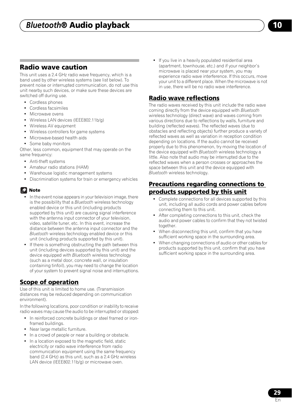 Radio wave caution, Scope of operation, Radio wave reflections | Precautions regarding connections to products, Supported by this unit, Bluetooth ® audio playback | Pioneer X-SMC01BT-S User Manual | Page 29 / 39