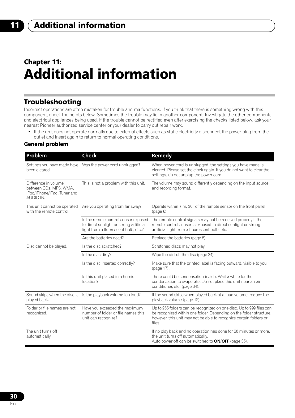 11 additional information, Troubleshooting, Additional information | Additional information 11, Chapter 11, General problem | Pioneer X-SMC01BT-S User Manual | Page 30 / 39