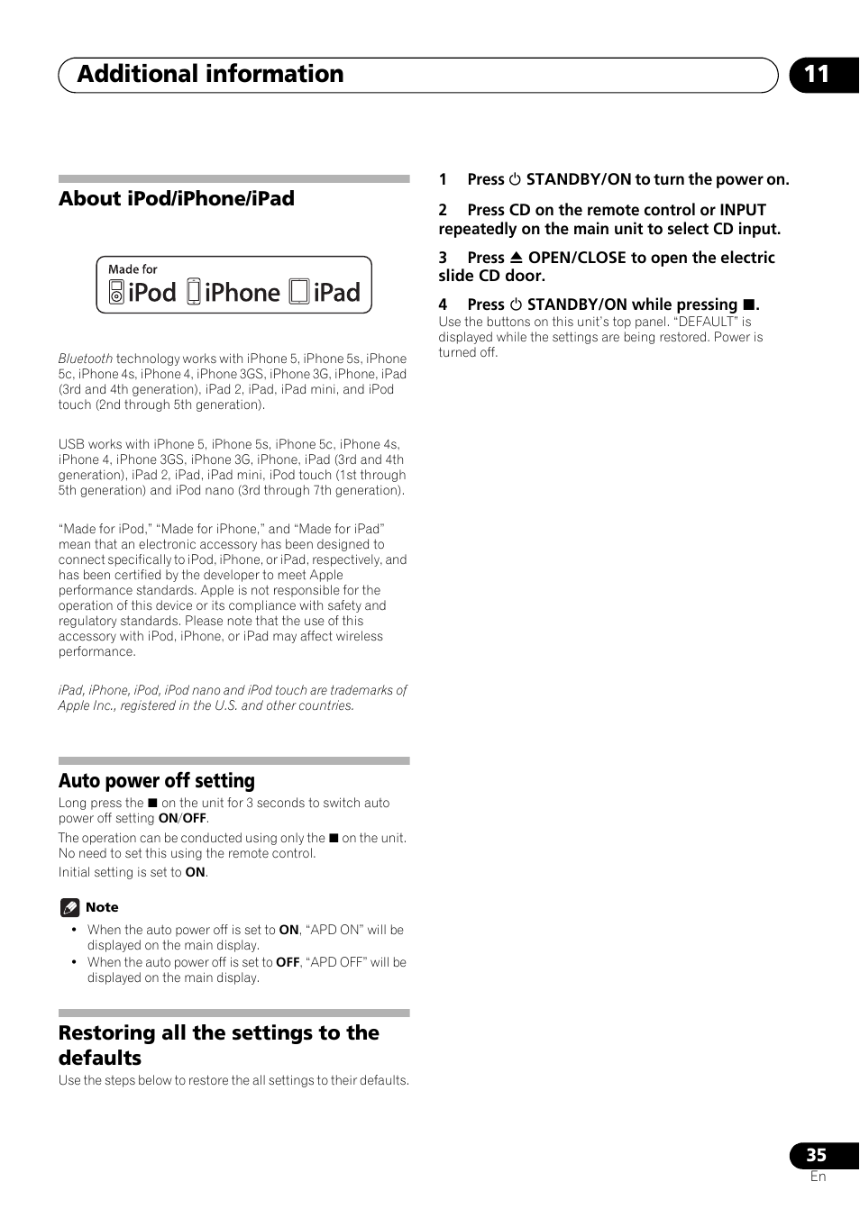 About ipod/iphone/ipad, Auto power off setting, Restoring all the settings to the defaults | Additional information 11 | Pioneer X-SMC01BT-S User Manual | Page 35 / 39