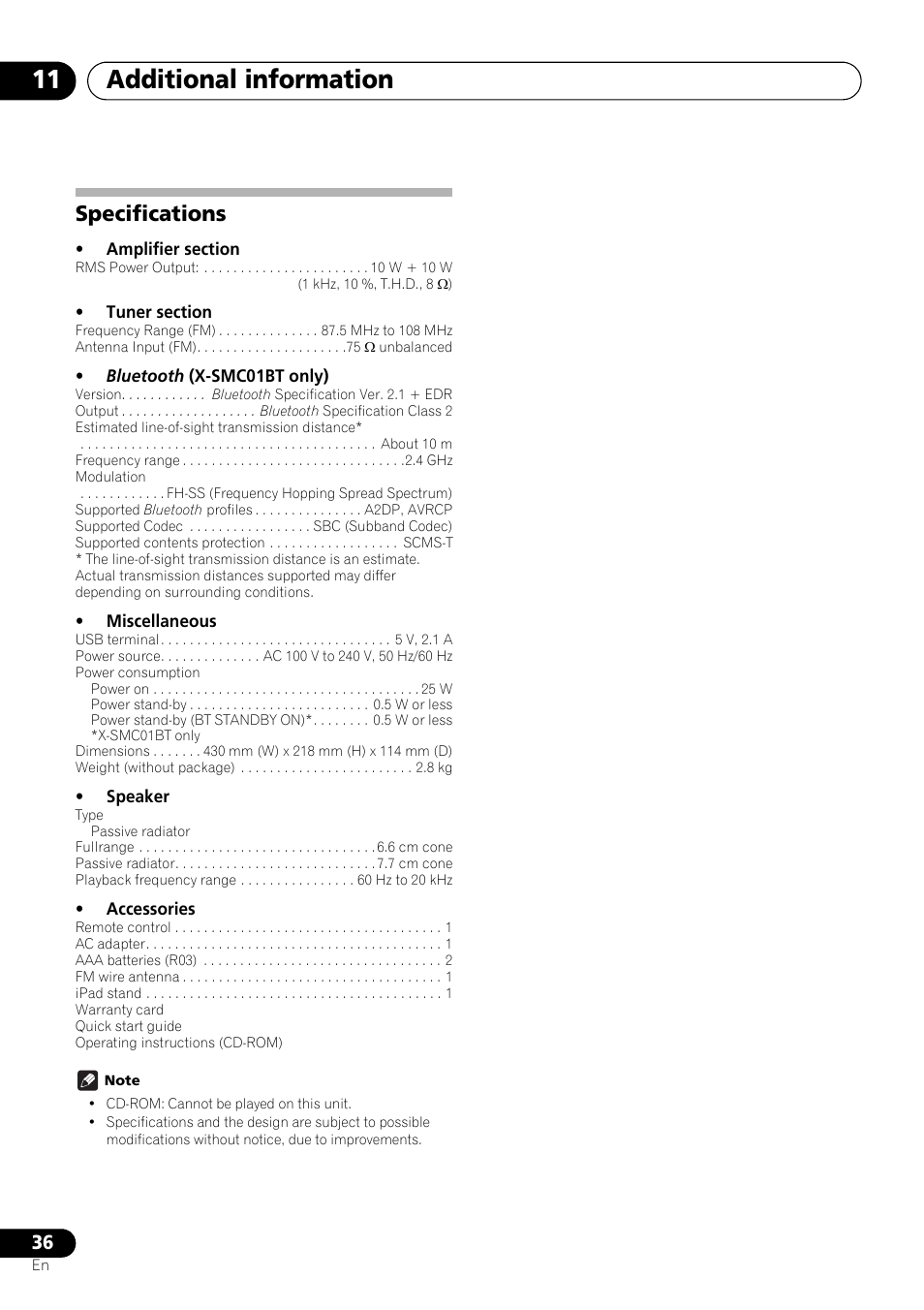 Specifications, Additional information 11 | Pioneer X-SMC01BT-S User Manual | Page 36 / 39