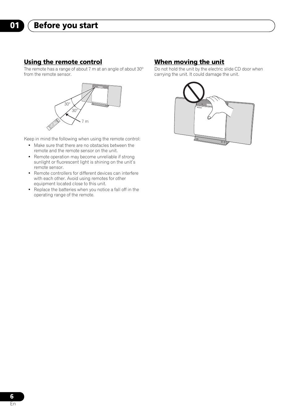 Using the remote control, When moving the unit, Before you start 01 | Pioneer X-SMC01BT-S User Manual | Page 6 / 39