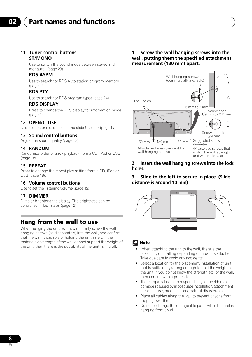 Hang from the wall to use, Part names and functions 02 | Pioneer X-SMC01BT-S User Manual | Page 8 / 39