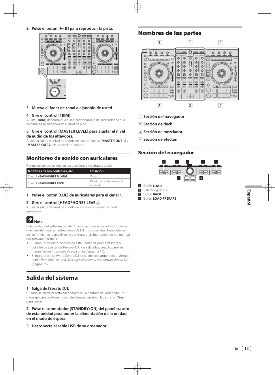 Salida del sistema nombres de las partes, Salida del sistema, Nombres de las partes | Monitoreo de sonido con auriculares, Sección del navegador | Pioneer DDJ-SX User Manual | Page 103 / 148