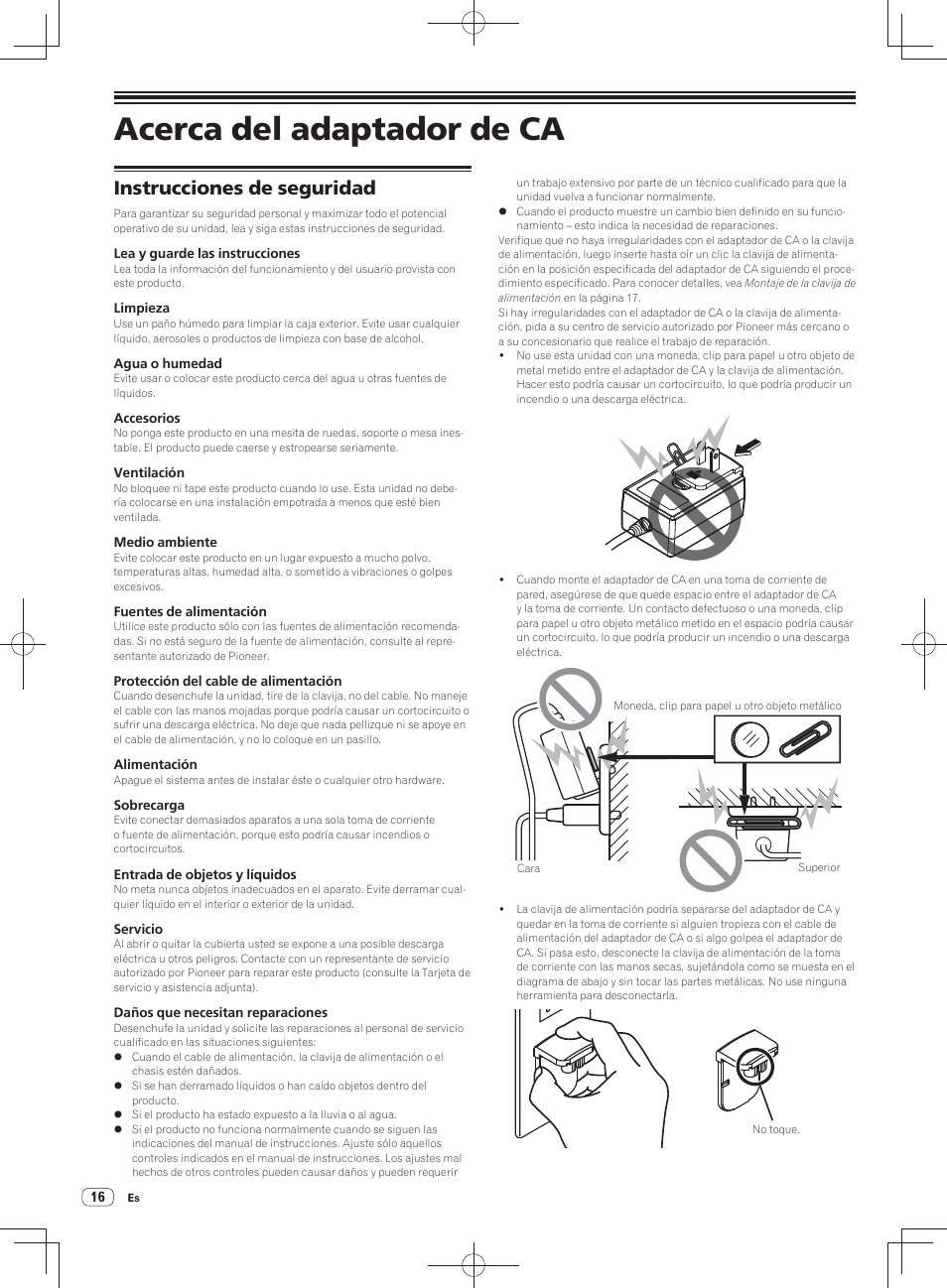 Acerca del adaptador de ca, Instrucciones de seguridad | Pioneer DDJ-SX User Manual | Page 106 / 148