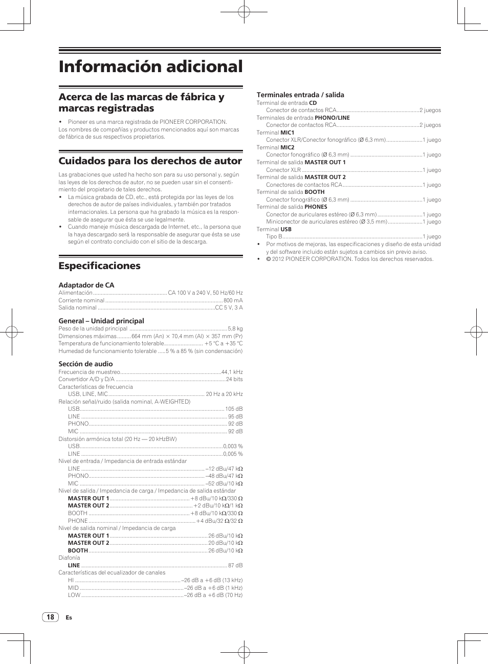 Información adicional, Cuidados para los derechos de autor, Especificaciones | Pioneer DDJ-SX User Manual | Page 108 / 148