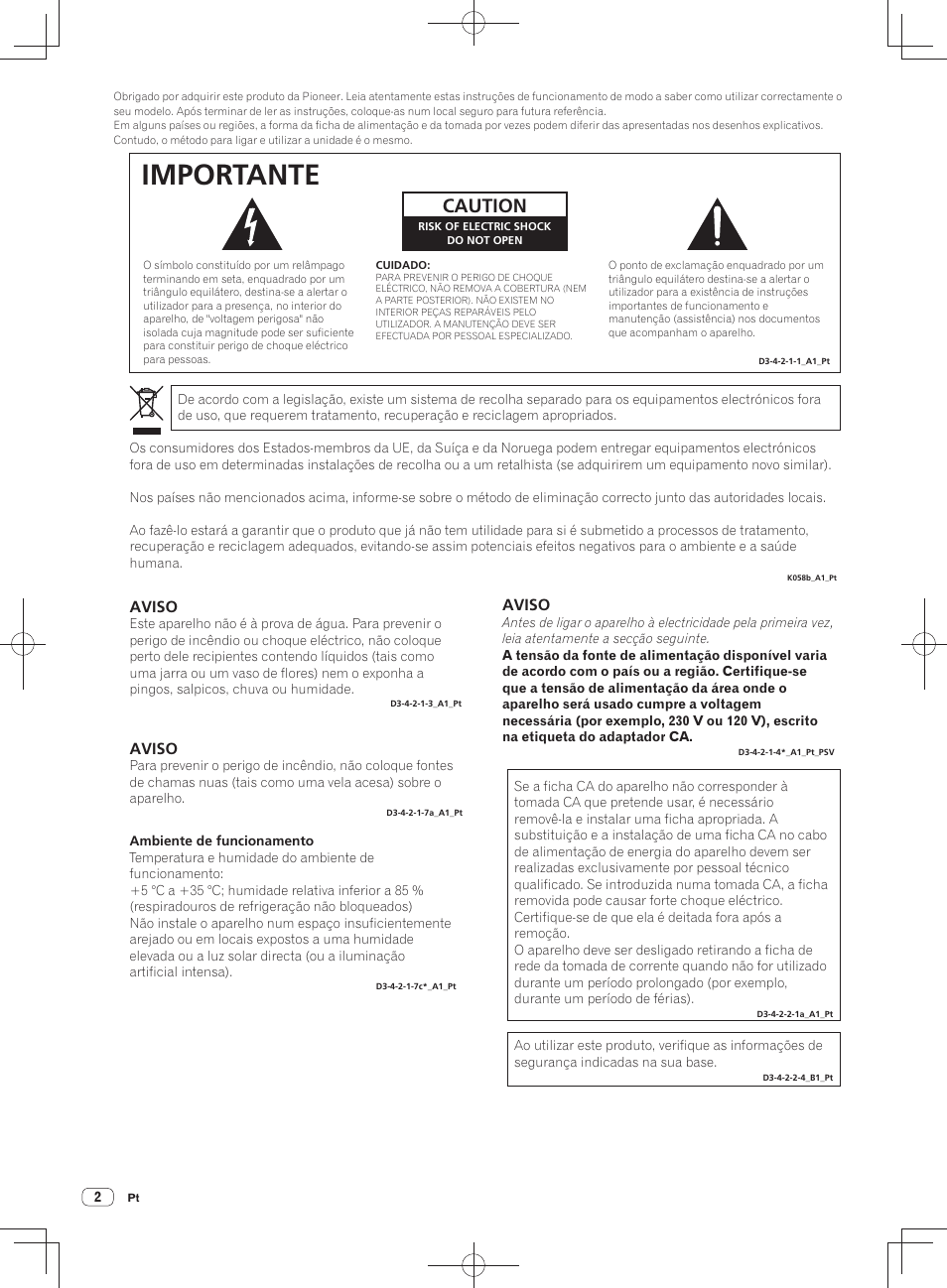 Importante, Caution, Aviso | Pioneer DDJ-SX User Manual | Page 110 / 148