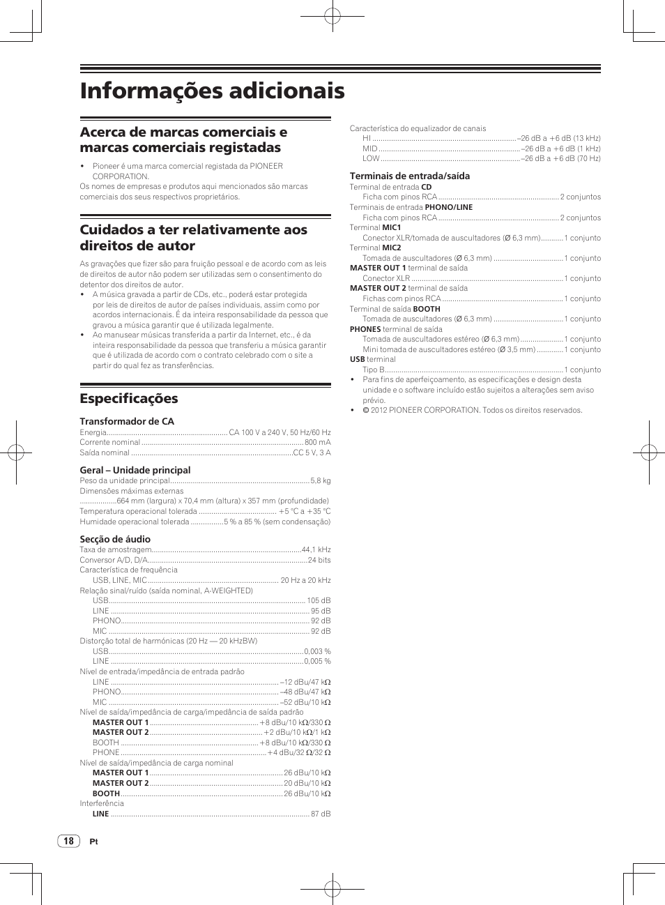 Informações adicionais, Cuidados a ter relativamente aos direitos de autor, Especificações | Pioneer DDJ-SX User Manual | Page 126 / 148