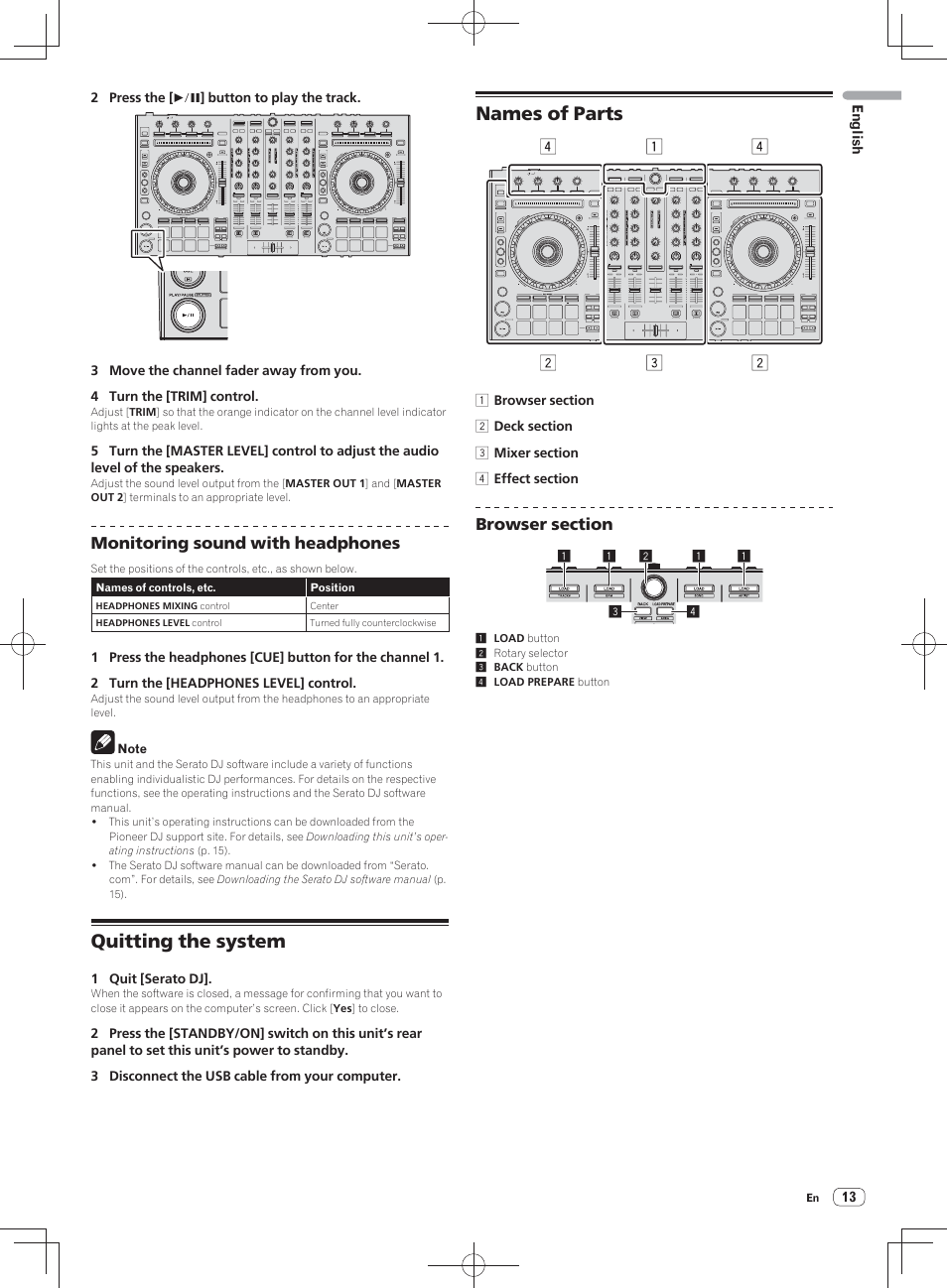 Quitting the system names of parts, Quitting the system, Names of parts | Monitoring sound with headphones | Pioneer DDJ-SX User Manual | Page 13 / 148
