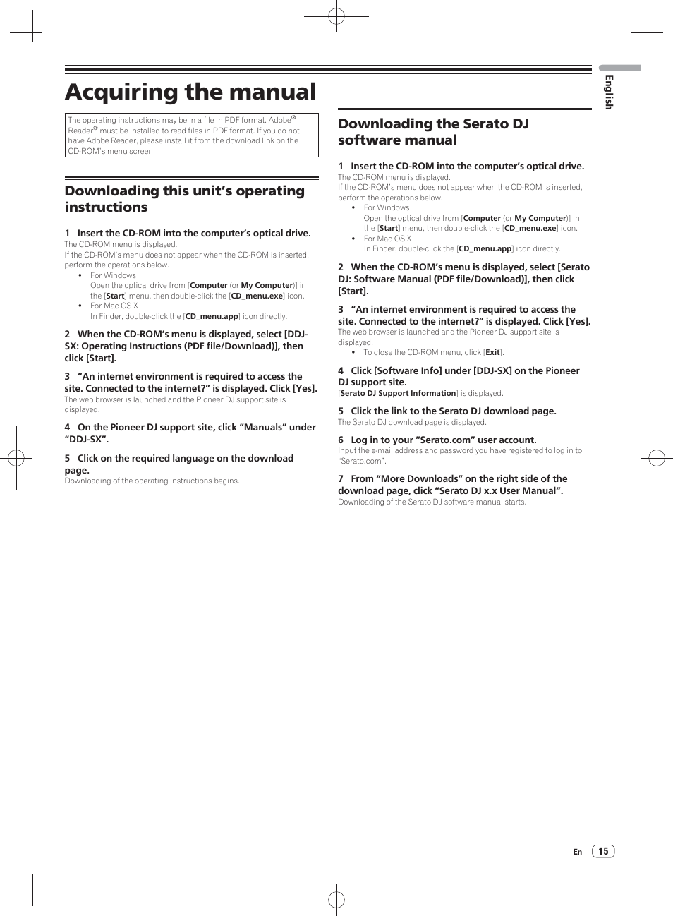 Acquiring the manual, Downloading this unit’s operating instructions, Downloading the serato dj software manual | Pioneer DDJ-SX User Manual | Page 15 / 148