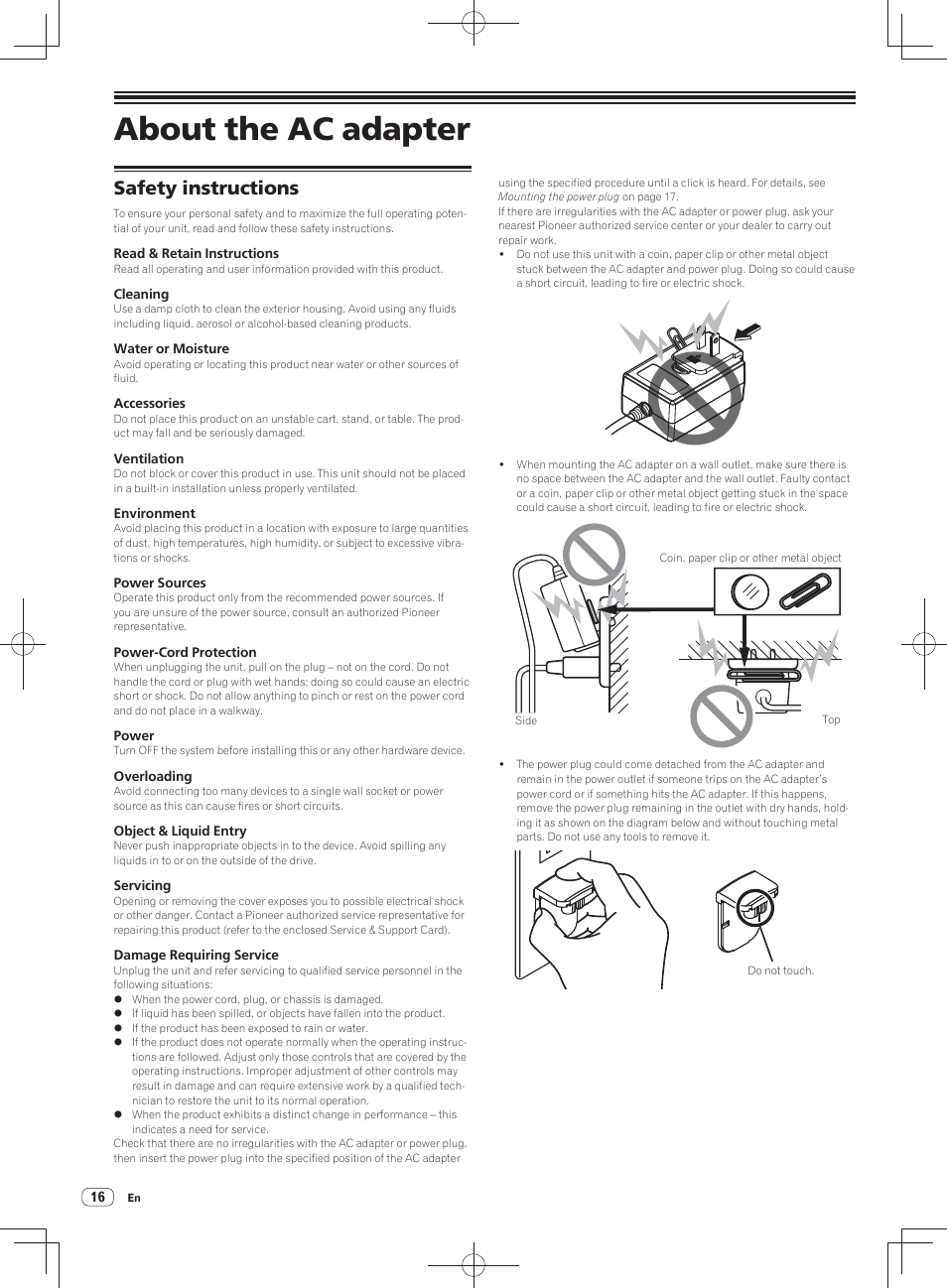 About the ac adapter, Safety instructions | Pioneer DDJ-SX User Manual | Page 16 / 148