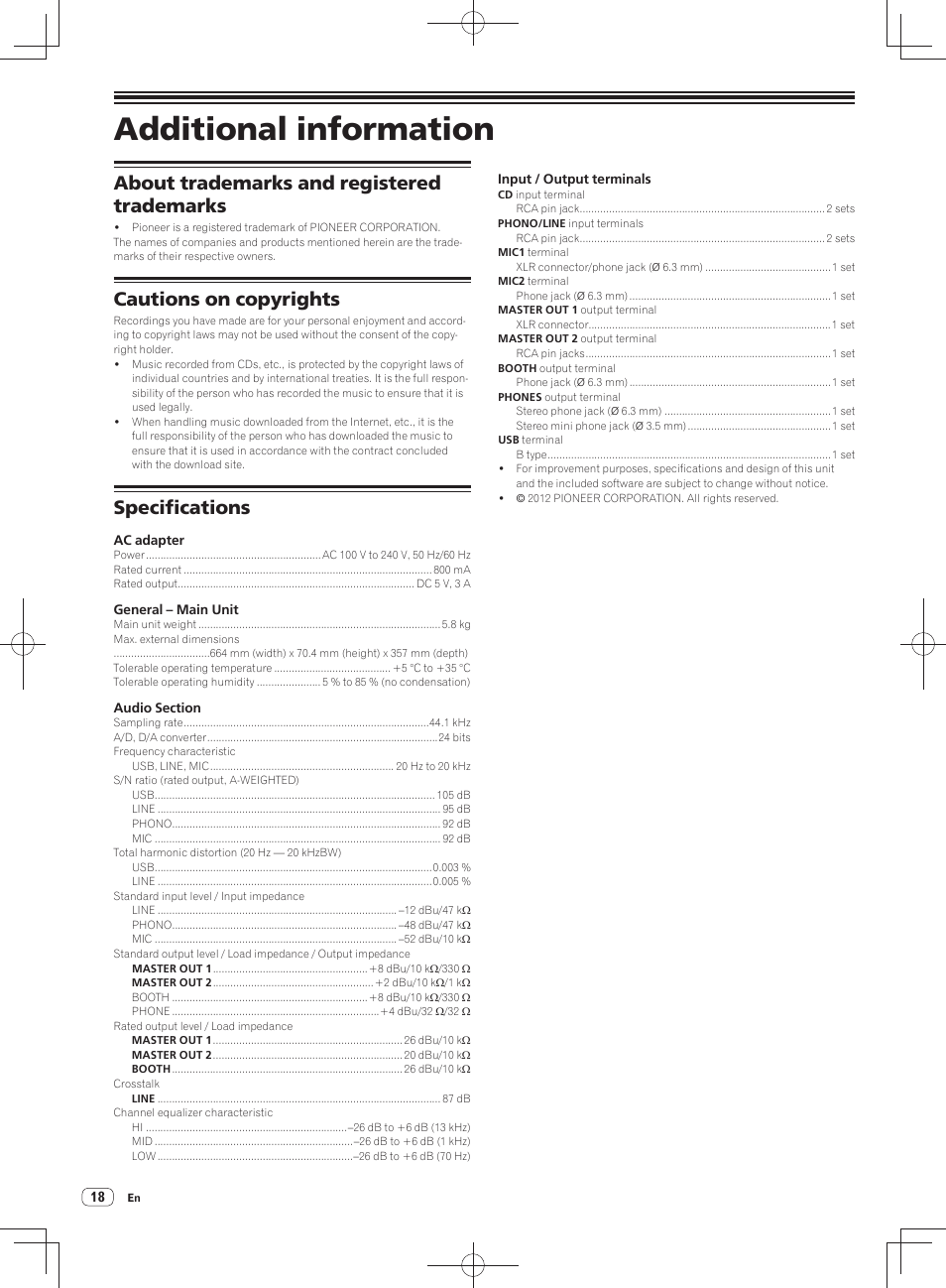 Additional information, About trademarks and registered trademarks, Cautions on copyrights | Specifications | Pioneer DDJ-SX User Manual | Page 18 / 148