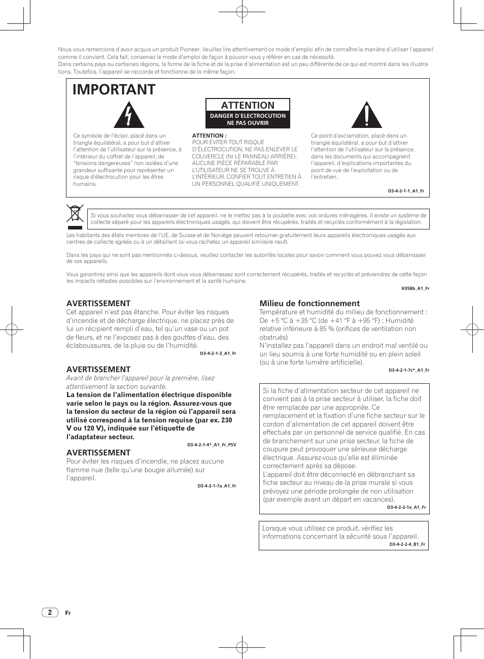 Important, Attention, Avertissement | Milieu de fonctionnement | Pioneer DDJ-SX User Manual | Page 20 / 148