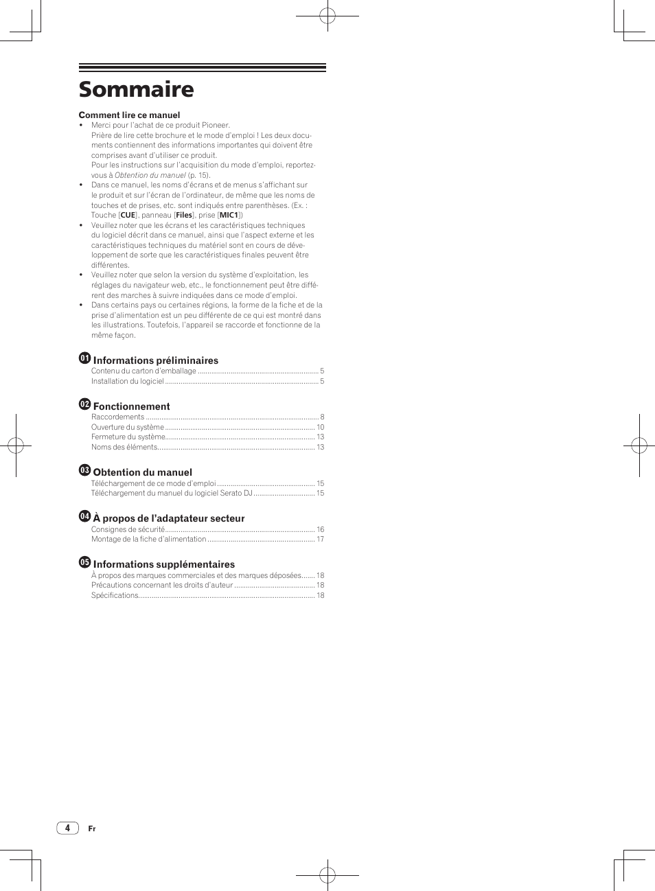 Contrôleur pour dj, Sommaire | Pioneer DDJ-SX User Manual | Page 22 / 148