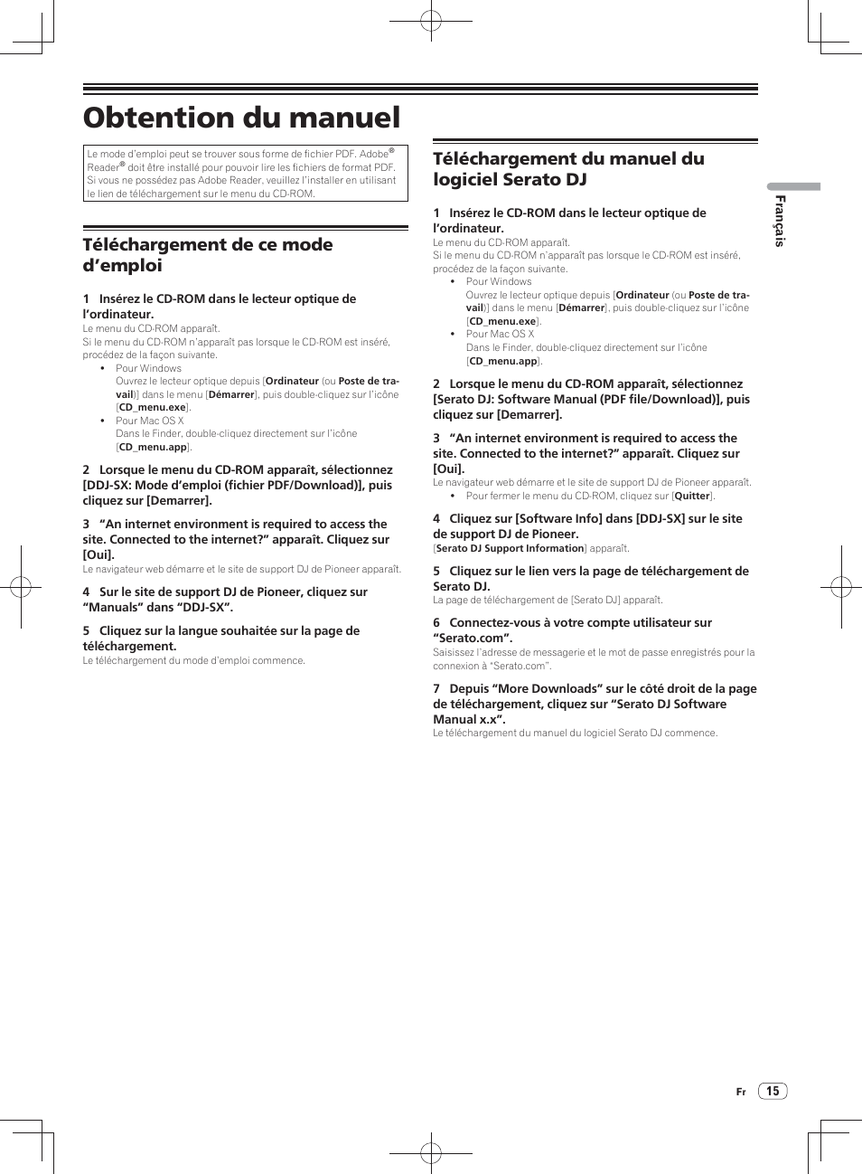 Obtention du manuel, Téléchargement de ce mode d’emploi, Téléchargement du manuel du logiciel serato dj | Pioneer DDJ-SX User Manual | Page 33 / 148