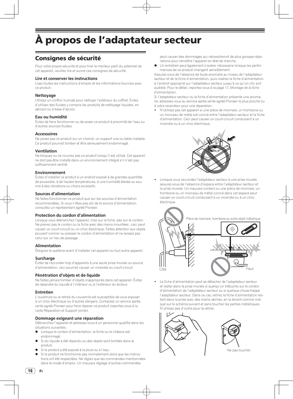 À propos de l’adaptateur secteur, Consignes de sécurité | Pioneer DDJ-SX User Manual | Page 34 / 148
