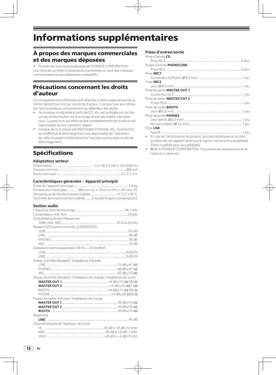 Informations supplémentaires, Précautions concernant les droits d’auteur, Spécifications | Pioneer DDJ-SX User Manual | Page 36 / 148