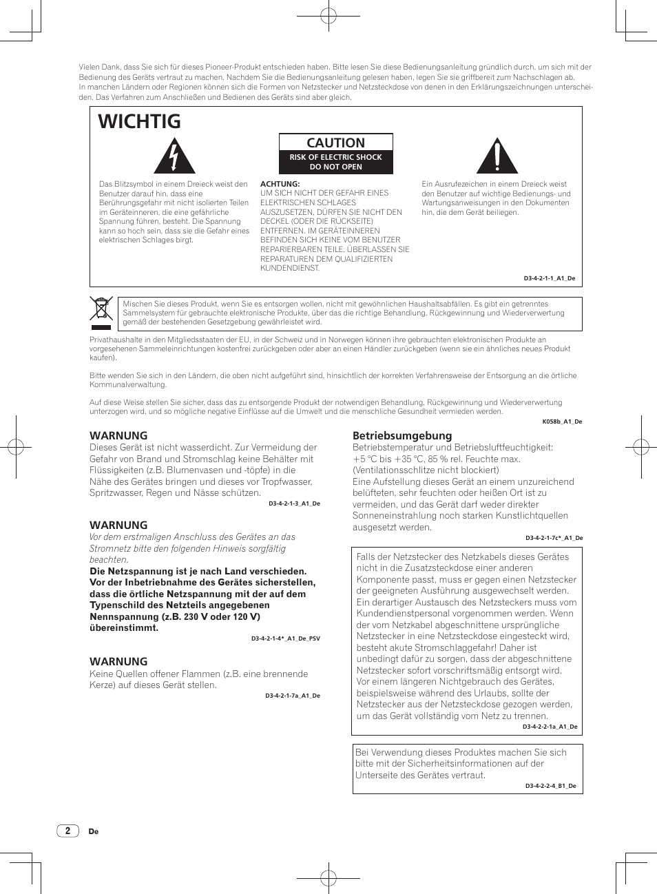 Wichtig, Caution, Warnung | Betriebsumgebung | Pioneer DDJ-SX User Manual | Page 38 / 148